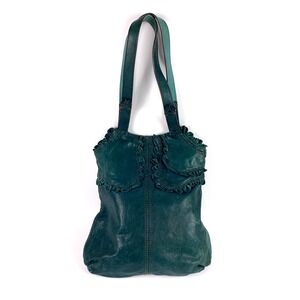 Lucky Brand Rocken Ruffles Teal Italian Leather Shoulder Bag VTG‎ Y2K Tote Purse